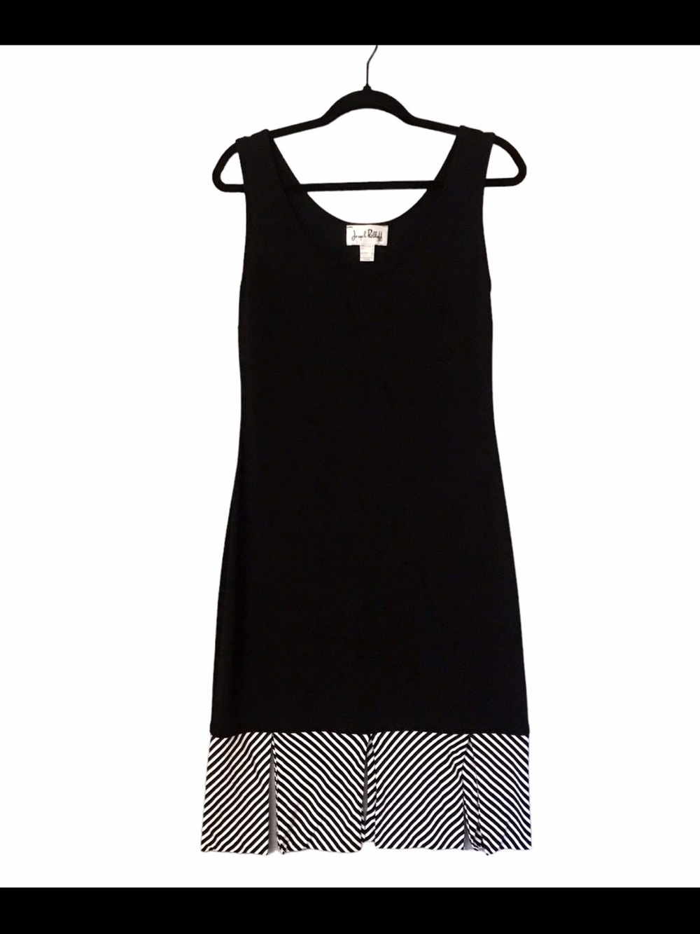 Joseph Ribkoff Black Sleeveless Dress with Black-and-White Striped Hem